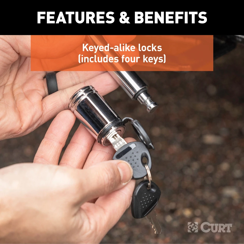 CURT hitch lock and coupler lock with chrome finish for secure towing