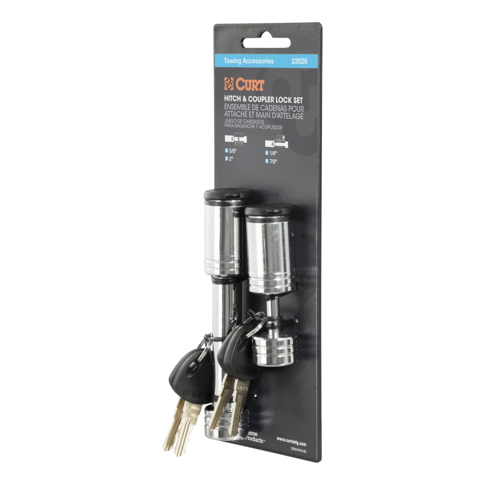 CURT hitch lock and coupler lock with chrome finish for secure towing
