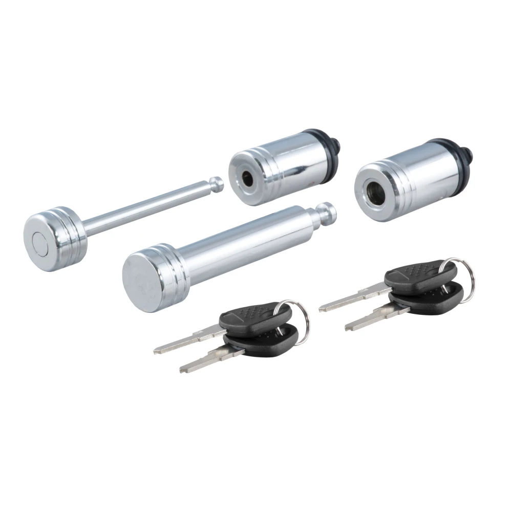 CURT hitch lock and coupler lock set in chrome, preventing trailer theft