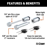 CURT hitch lock and coupler lock set in chrome, preventing trailer theft