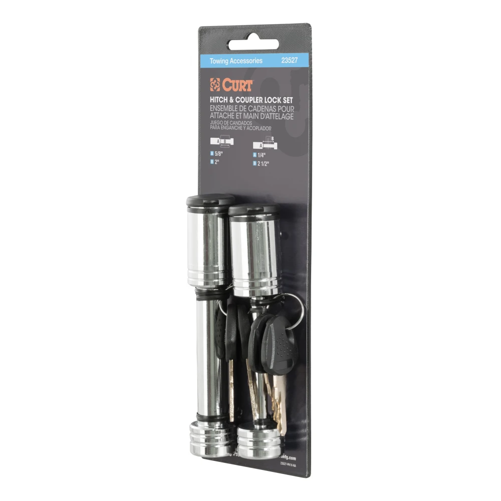 CURT hitch lock and coupler lock set in chrome, preventing trailer theft