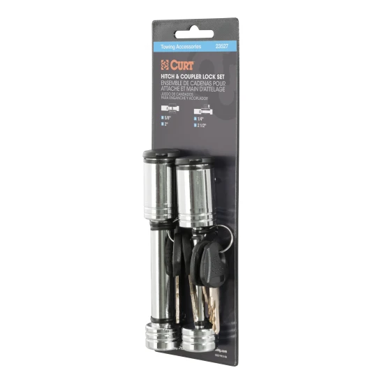 CURT hitch lock and coupler lock set in chrome, preventing trailer theft