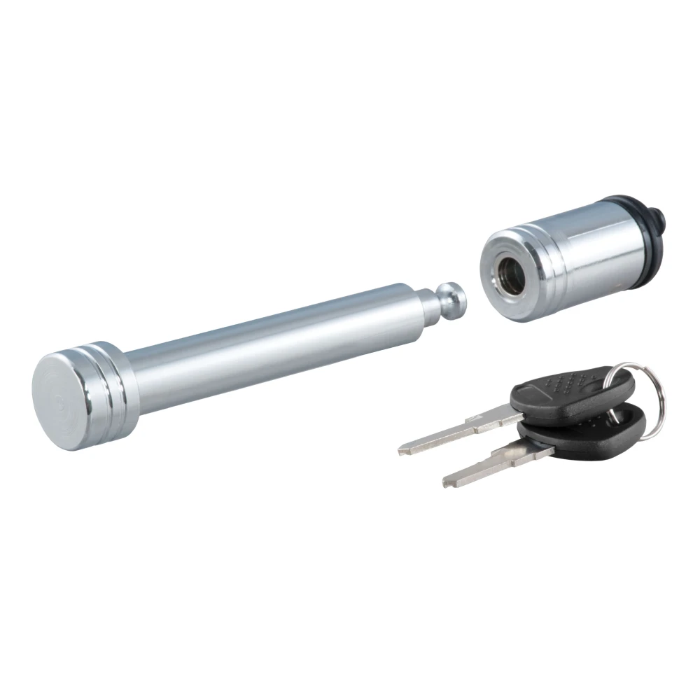 CURT hitch lock with a chrome finish and barbell design, secured with a key