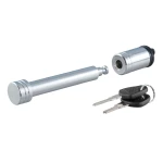 CURT hitch lock with a chrome finish and barbell design, secured with a key