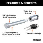 CURT hitch lock with a chrome finish and barbell design, secured with a key