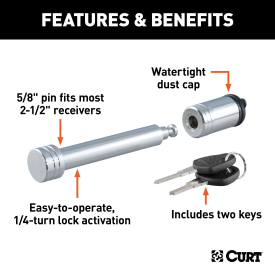 CURT hitch lock with a chrome finish and barbell design, secured with a key