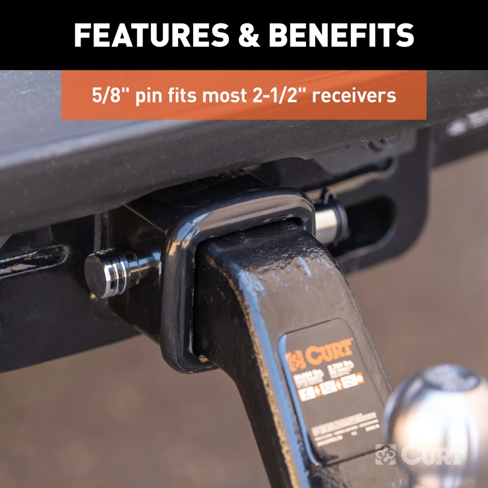 CURT hitch lock with a chrome finish and barbell design, secured with a key