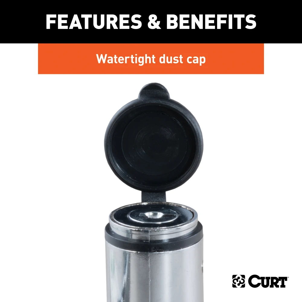 CURT hitch lock with a chrome finish and barbell design, secured with a key