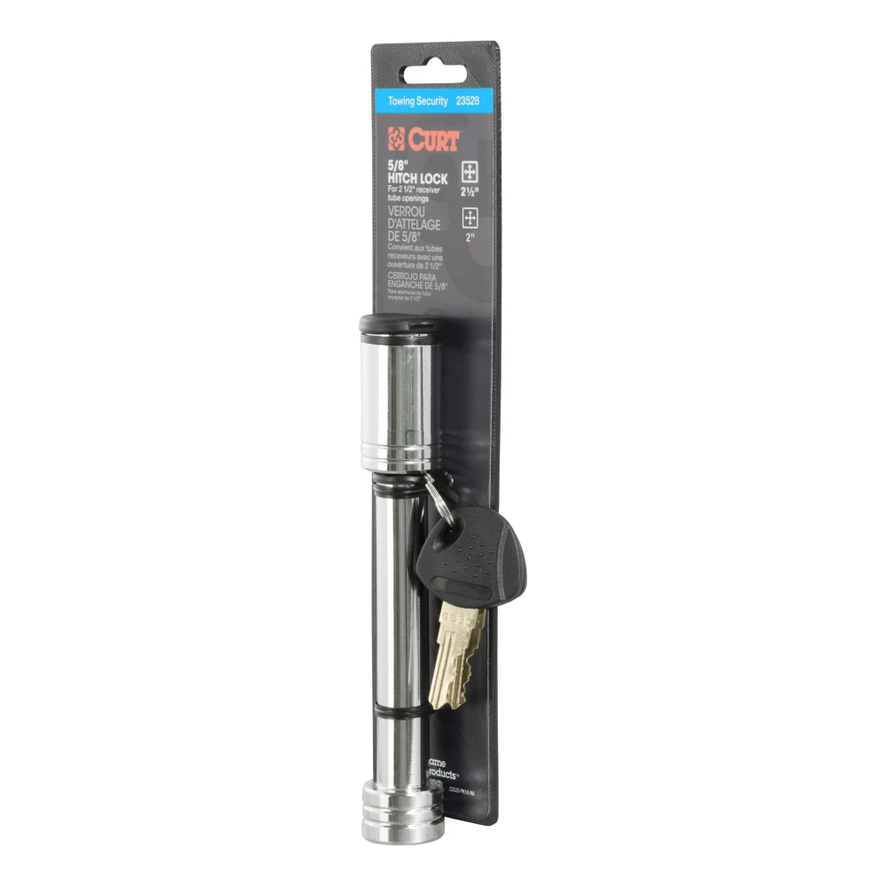 CURT hitch lock with a chrome finish and barbell design, secured with a key