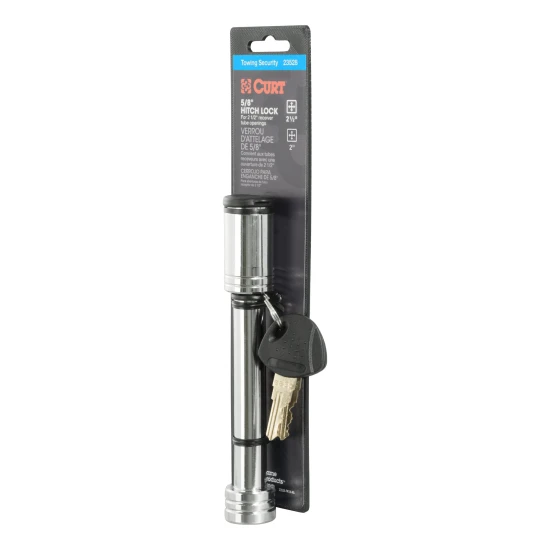 CURT hitch lock with a chrome finish and barbell design, secured with a key