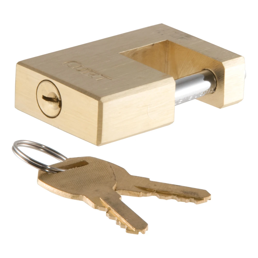 CURT coupler lock with brass finish providing secure trailer lock