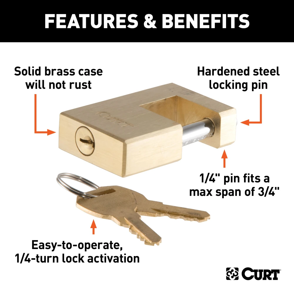 CURT coupler lock with brass finish providing secure trailer lock