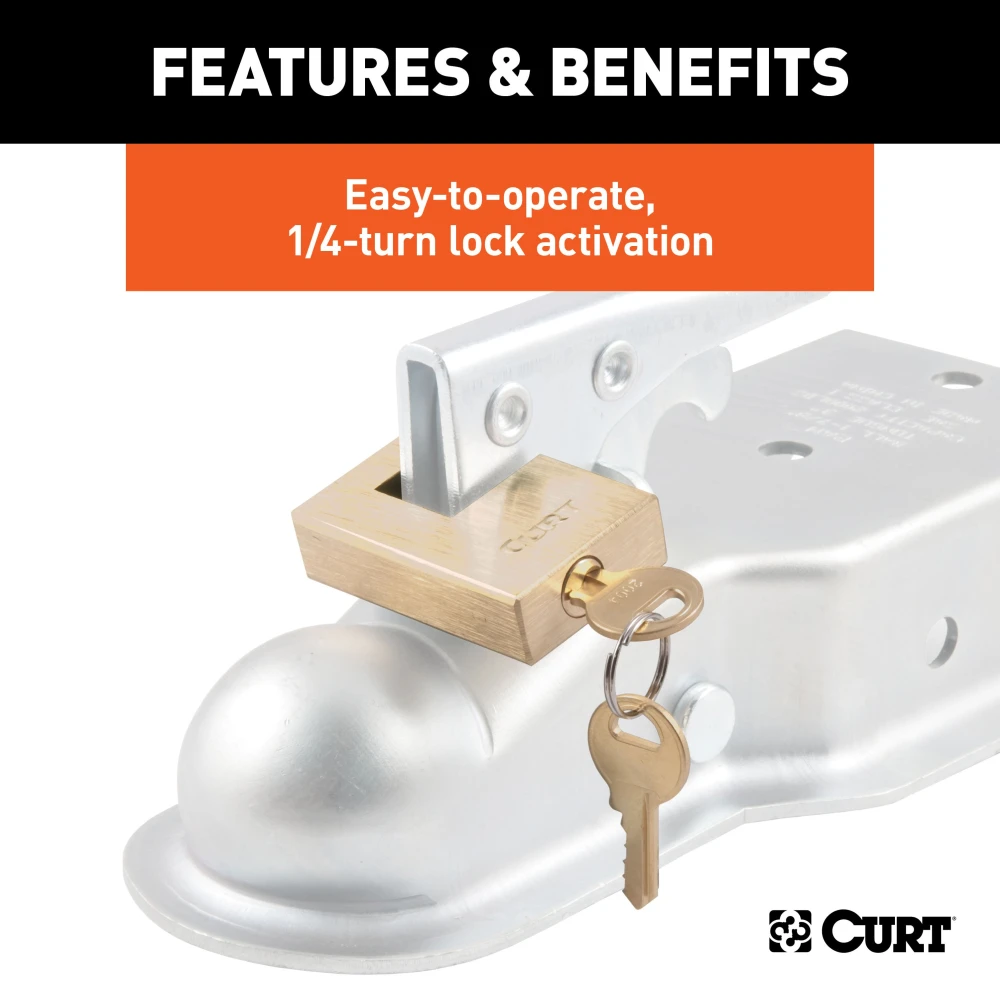 CURT coupler lock with brass finish providing secure trailer lock