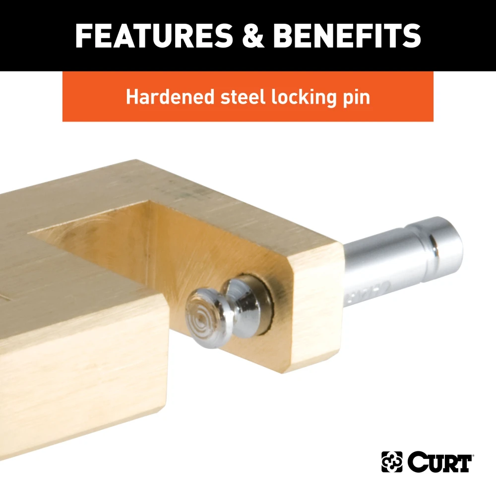 CURT coupler lock with brass finish providing secure trailer lock