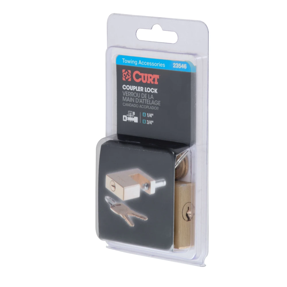 CURT coupler lock with brass finish providing secure trailer lock