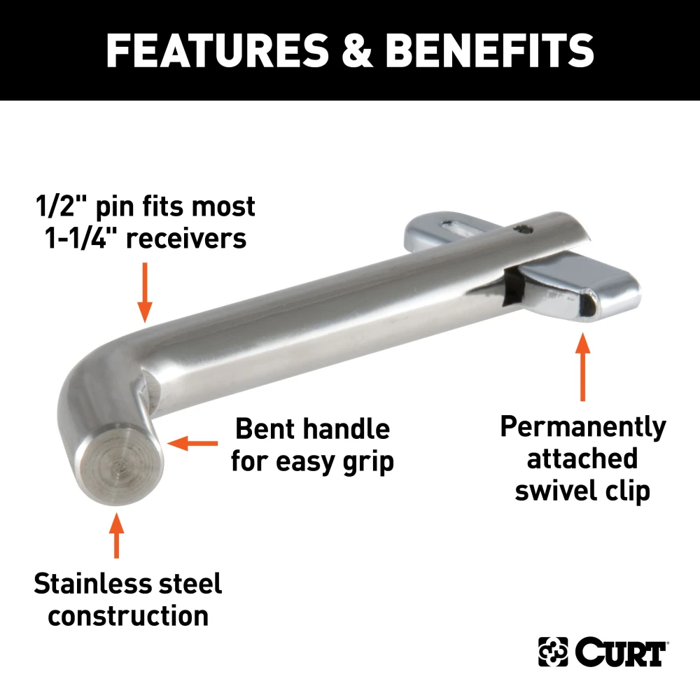 CURT 1/2 inch stainless steel hitch pin with swivel retainer for secure trailer towing