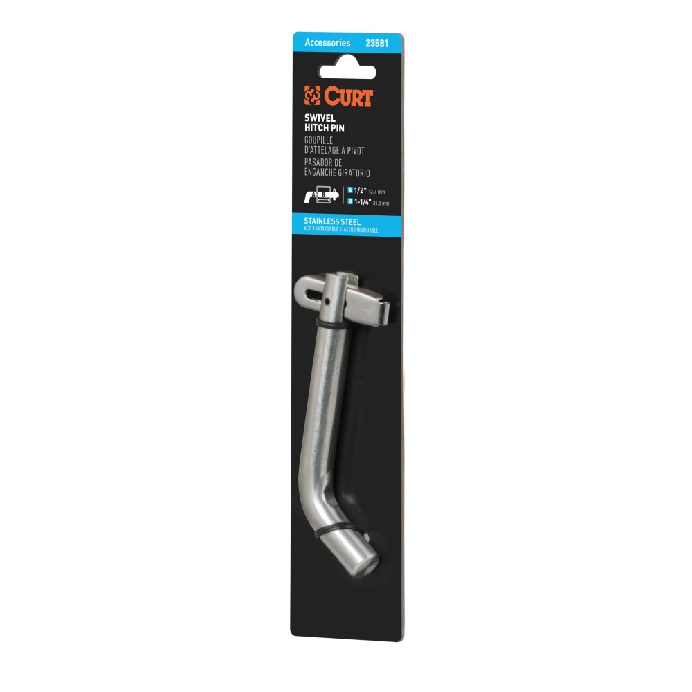 CURT 1/2 inch stainless steel hitch pin with swivel retainer for secure trailer towing