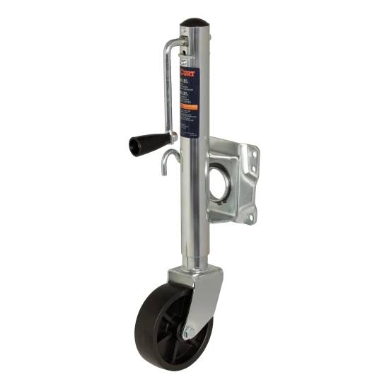 CURT marine trailer jack with zinc finish and a side-wind handle, featuring a 6-inch wheel and 1,000 lbs capacity.