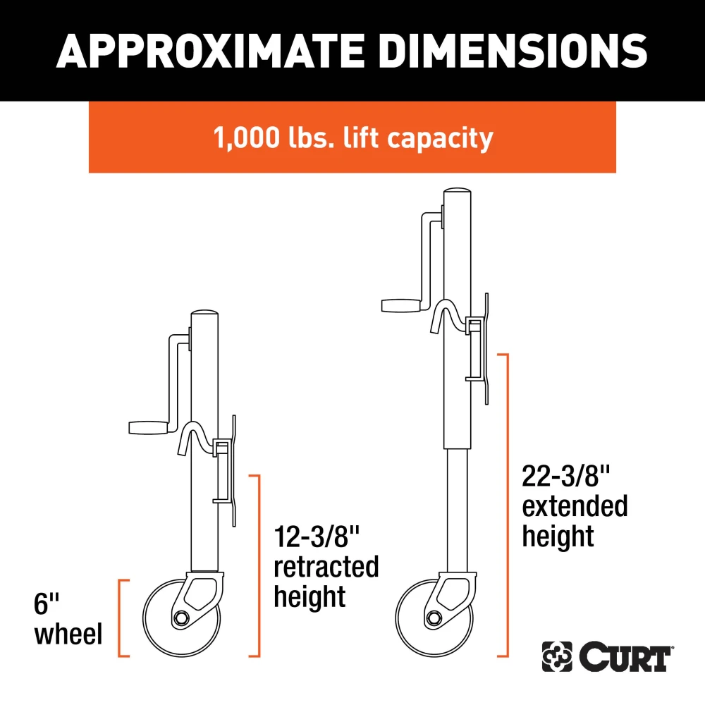 CURT marine trailer jack with zinc finish and a side-wind handle, featuring a 6-inch wheel and 1,000 lbs capacity.