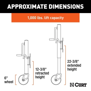 CURT marine trailer jack with zinc finish and a side-wind handle, featuring a 6-inch wheel and 1,000 lbs capacity.