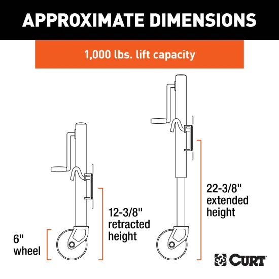 CURT marine trailer jack with zinc finish and a side-wind handle, featuring a 6-inch wheel and 1,000 lbs capacity.