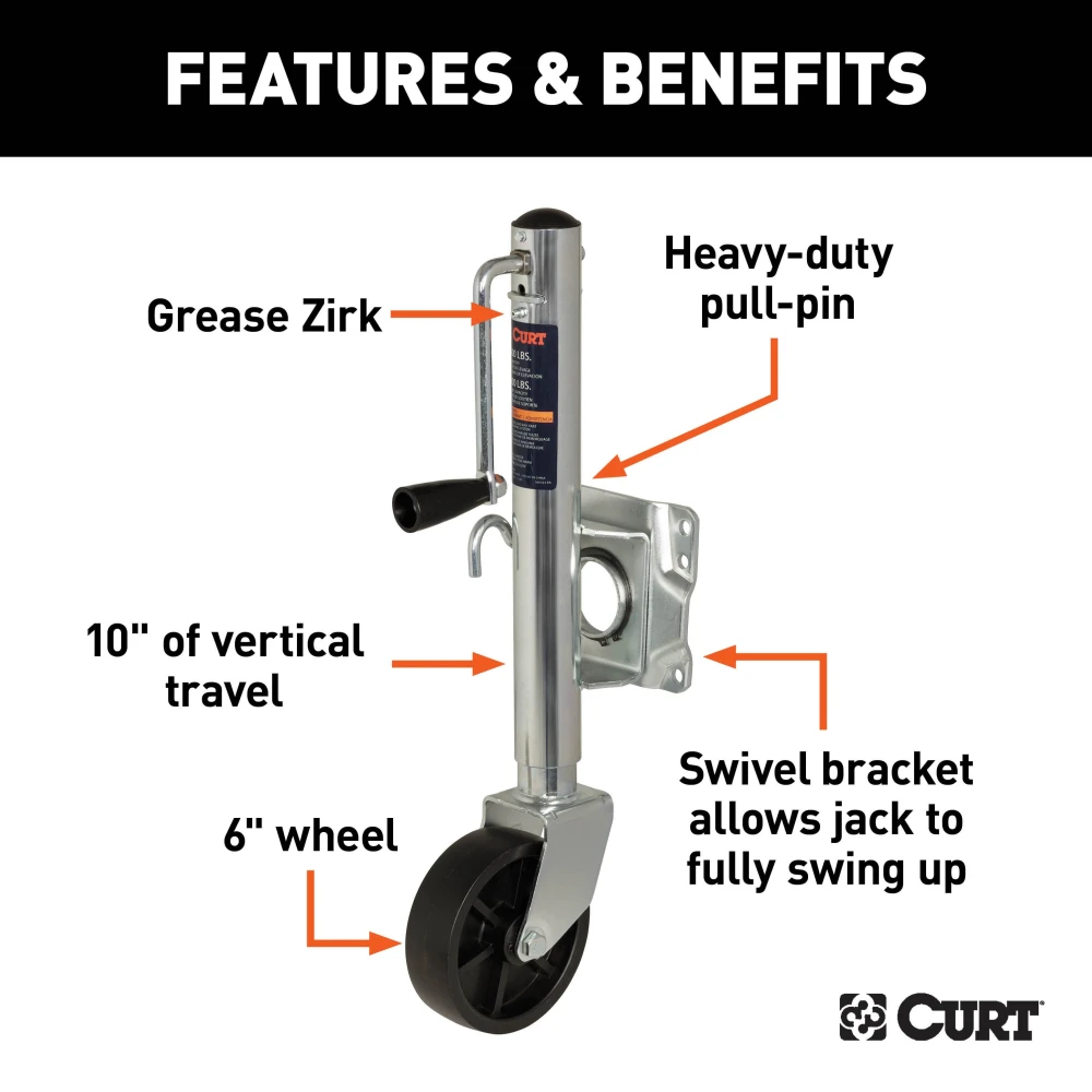CURT marine trailer jack with zinc finish and a side-wind handle, featuring a 6-inch wheel and 1,000 lbs capacity.