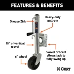 CURT marine trailer jack with zinc finish and a side-wind handle, featuring a 6-inch wheel and 1,000 lbs capacity.