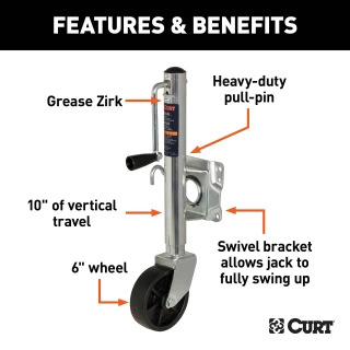CURT marine trailer jack with zinc finish and a side-wind handle, featuring a 6-inch wheel and 1,000 lbs capacity.