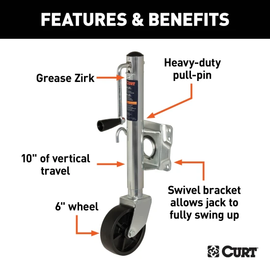 CURT marine trailer jack with zinc finish and a side-wind handle, featuring a 6-inch wheel and 1,000 lbs capacity.
