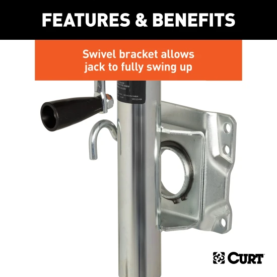 CURT marine trailer jack with zinc finish and a side-wind handle, featuring a 6-inch wheel and 1,000 lbs capacity.