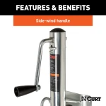 CURT marine trailer jack with zinc finish and a side-wind handle, featuring a 6-inch wheel and 1,000 lbs capacity.
