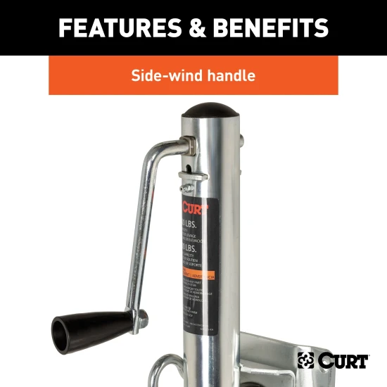 CURT marine trailer jack with zinc finish and a side-wind handle, featuring a 6-inch wheel and 1,000 lbs capacity.