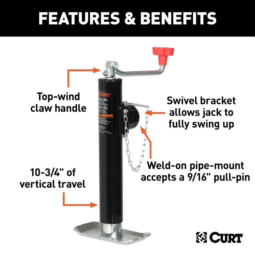 CURT swivel jack with 5000 lbs capacity, top-wind handle, and pipe mount design