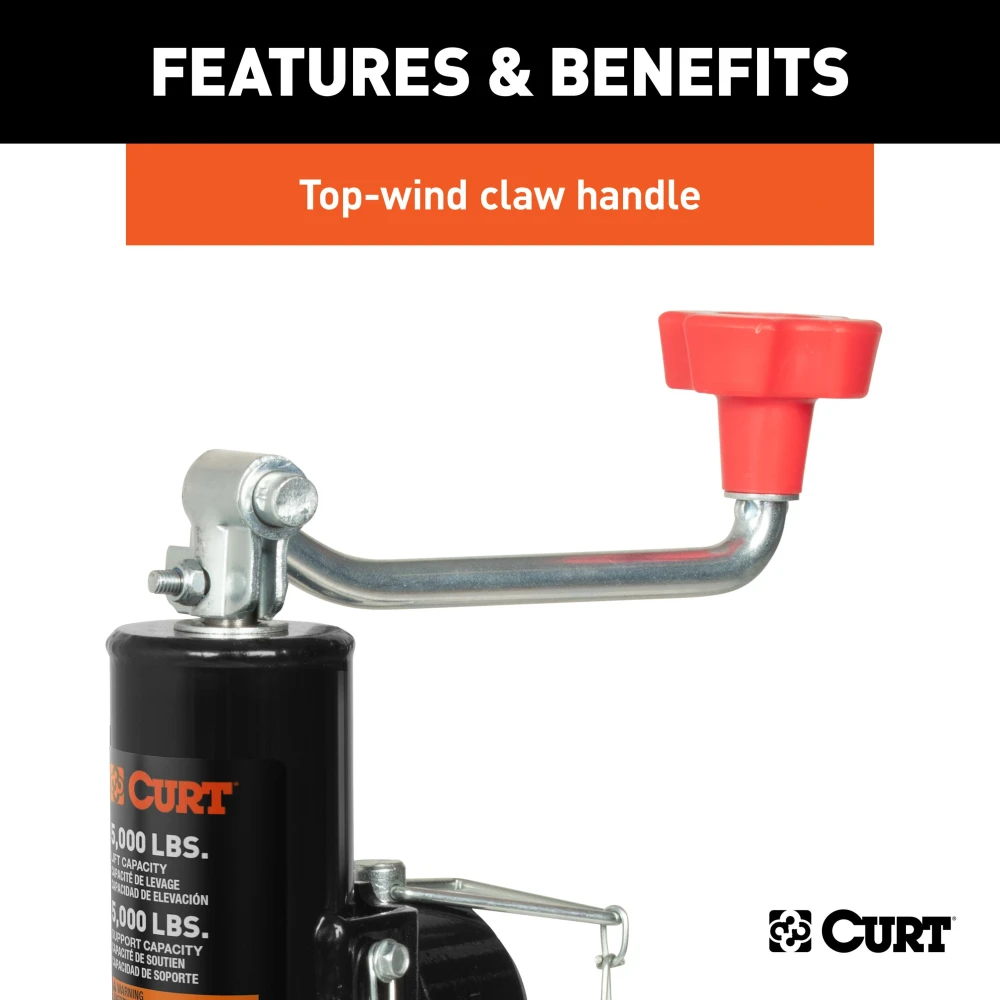 CURT swivel jack with 5000 lbs capacity, top-wind handle, and pipe mount design