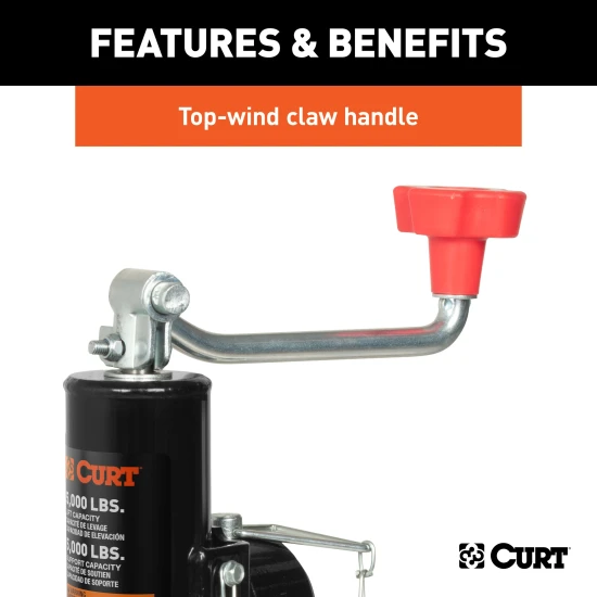 CURT swivel jack with 5000 lbs capacity, top-wind handle, and pipe mount design