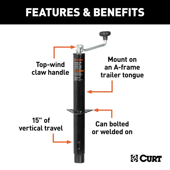 CURT A-frame trailer jack with top-wind handle, 5000 lbs capacity, black finish