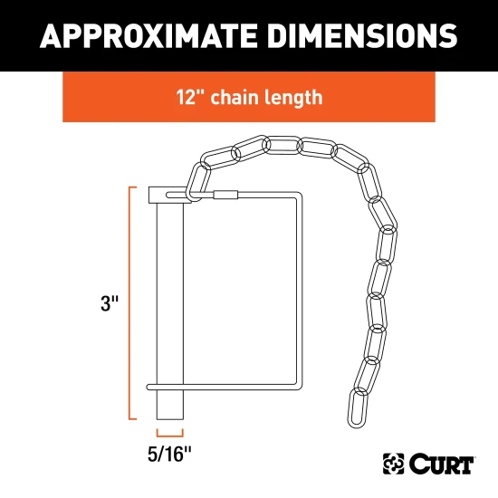 CURT safety pin featuring a 5/16 inch diameter, zinc plating, 12-inch chain, and snapper pin design for secure towing.