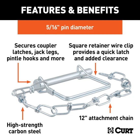 CURT safety pin featuring a 5/16 inch diameter, zinc plating, 12-inch chain, and snapper pin design for secure towing.