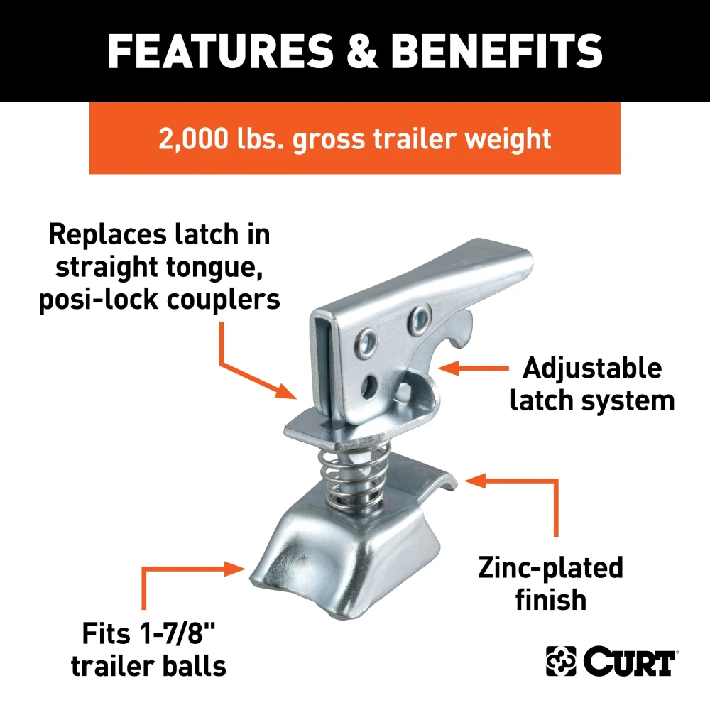 CURT Posi-Lock trailer coupler latch with adjustable design and durable zinc finish for secure towing