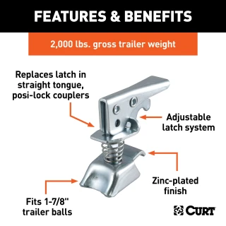 CURT Posi-Lock trailer coupler latch with adjustable design and durable zinc finish for secure towing