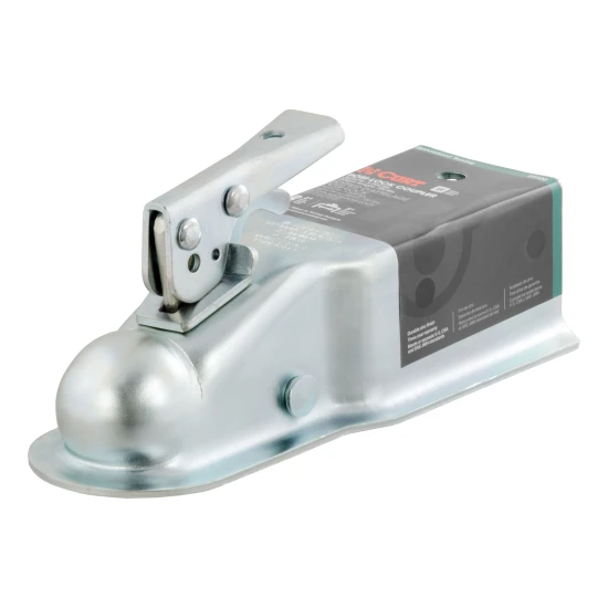 CURT straight-tongue coupler with Posi-Lock latch for 2 inch trailer ball, 3 inch channel, and 5,000 lbs capacity.