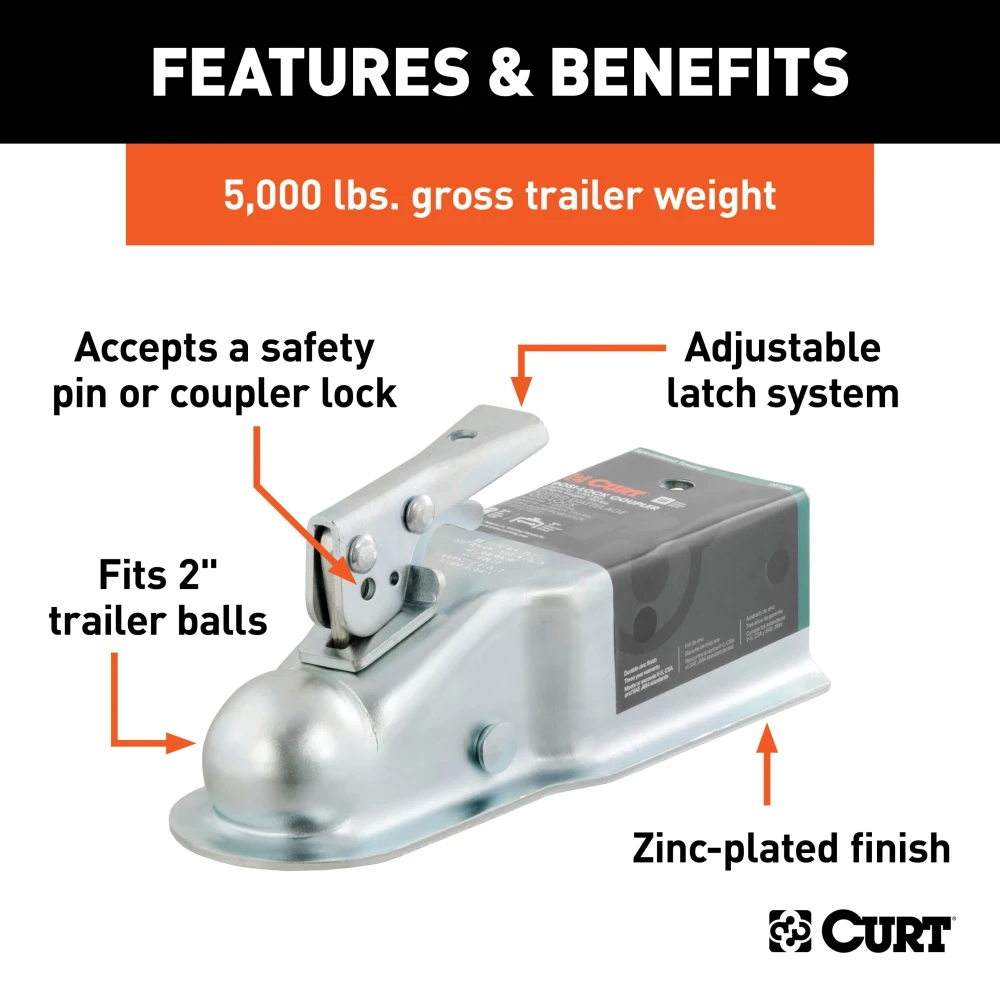 CURT straight-tongue coupler with Posi-Lock latch for 2 inch trailer ball, 3 inch channel, and 5,000 lbs capacity.