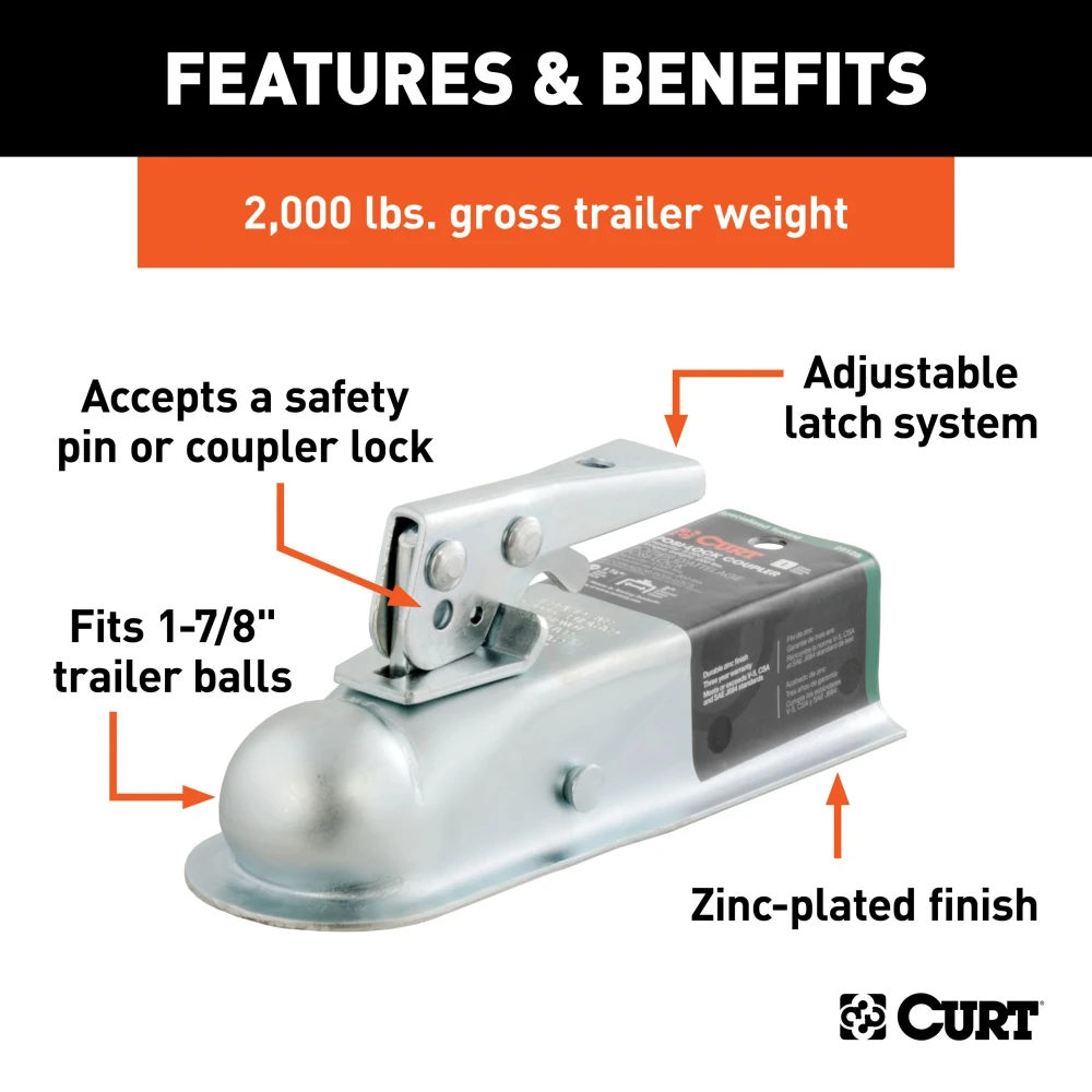 CURT straight-tongue coupler with Posi-Lock latch fitting a 2-inch channel and 1-7/8-inch trailer ball.