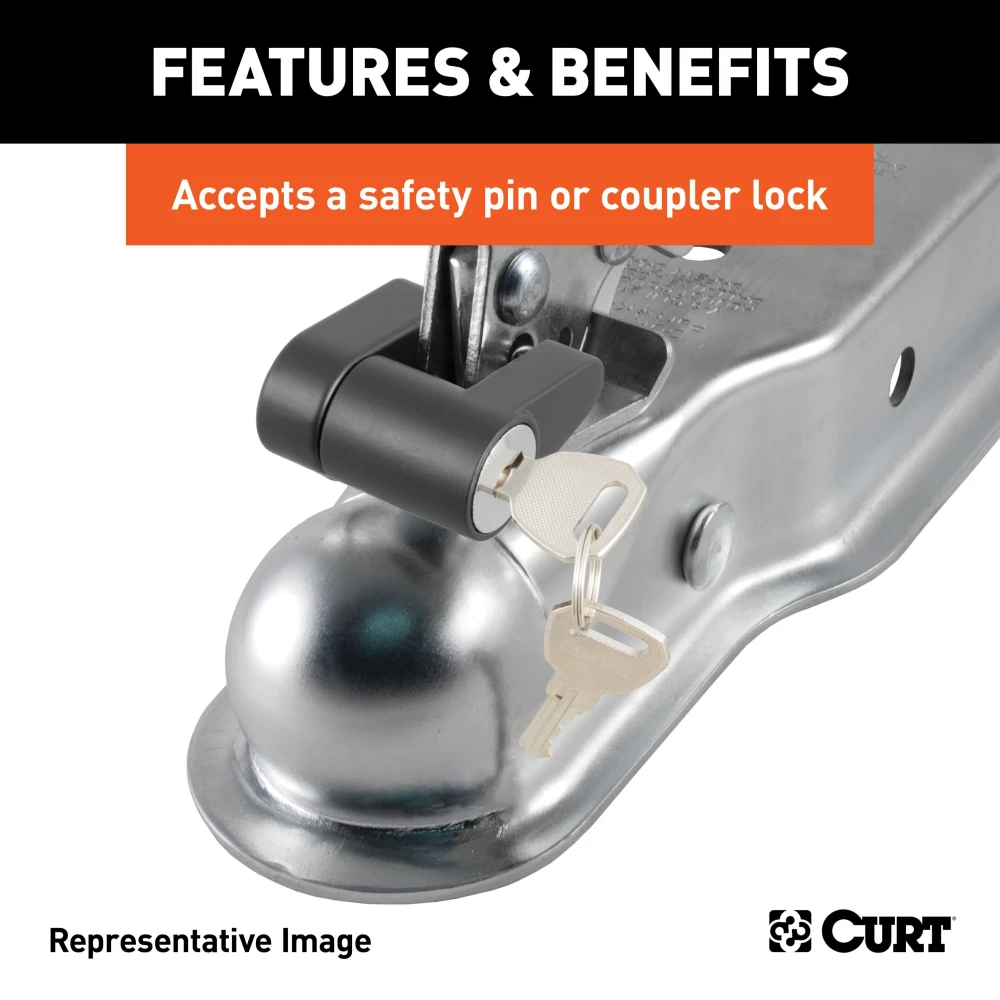 CURT straight-tongue coupler with Posi-Lock latch, 2" ball fit, 3,500 lbs capacity, zinc finish