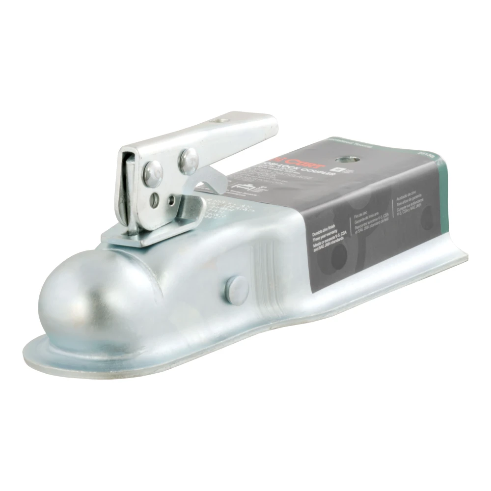 CURT straight-tongue coupler with Posi-Lock latch, zinc finish, 3-inch channel, and 2-inch trailer ball fitting