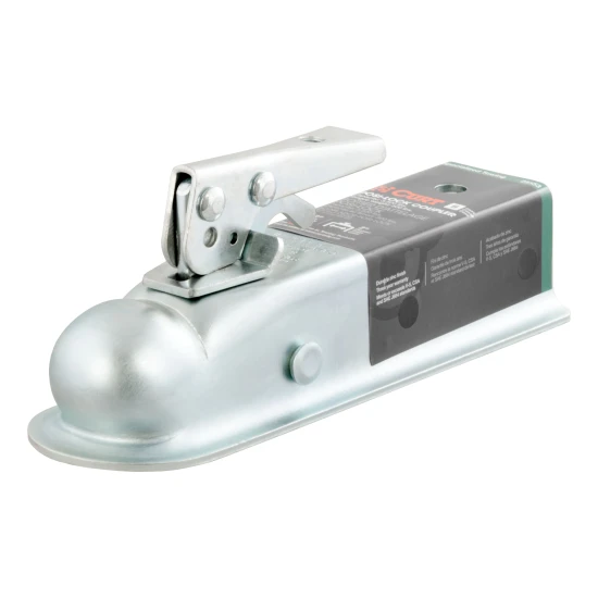 CURT straight-tongue coupler with Posi-Lock latch for 2 inch balls and 2 inch channels, durable zinc finish