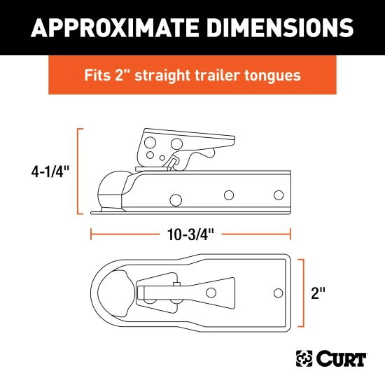 CURT straight-tongue coupler with Posi-Lock latch for 2 inch balls and 2 inch channels, durable zinc finish