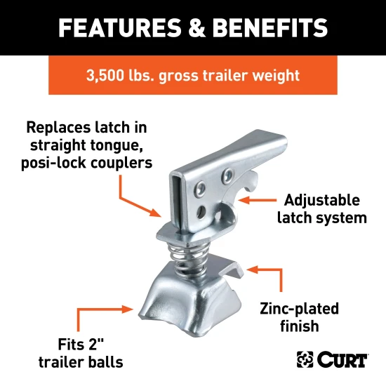 CURT Posi-Lock latch for secure towing with 2 inch trailer balls and adjustable design for varying channel widths.