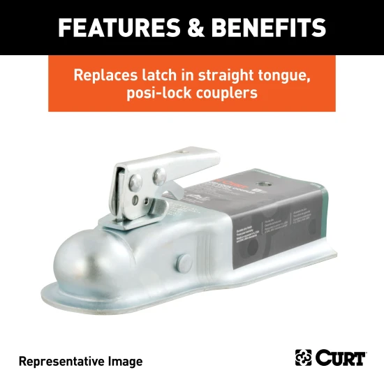 CURT Posi-Lock latch for secure towing with 2 inch trailer balls and adjustable design for varying channel widths.