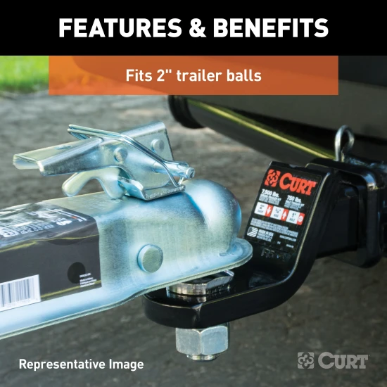 CURT Posi-Lock latch for secure towing with 2 inch trailer balls and adjustable design for varying channel widths.